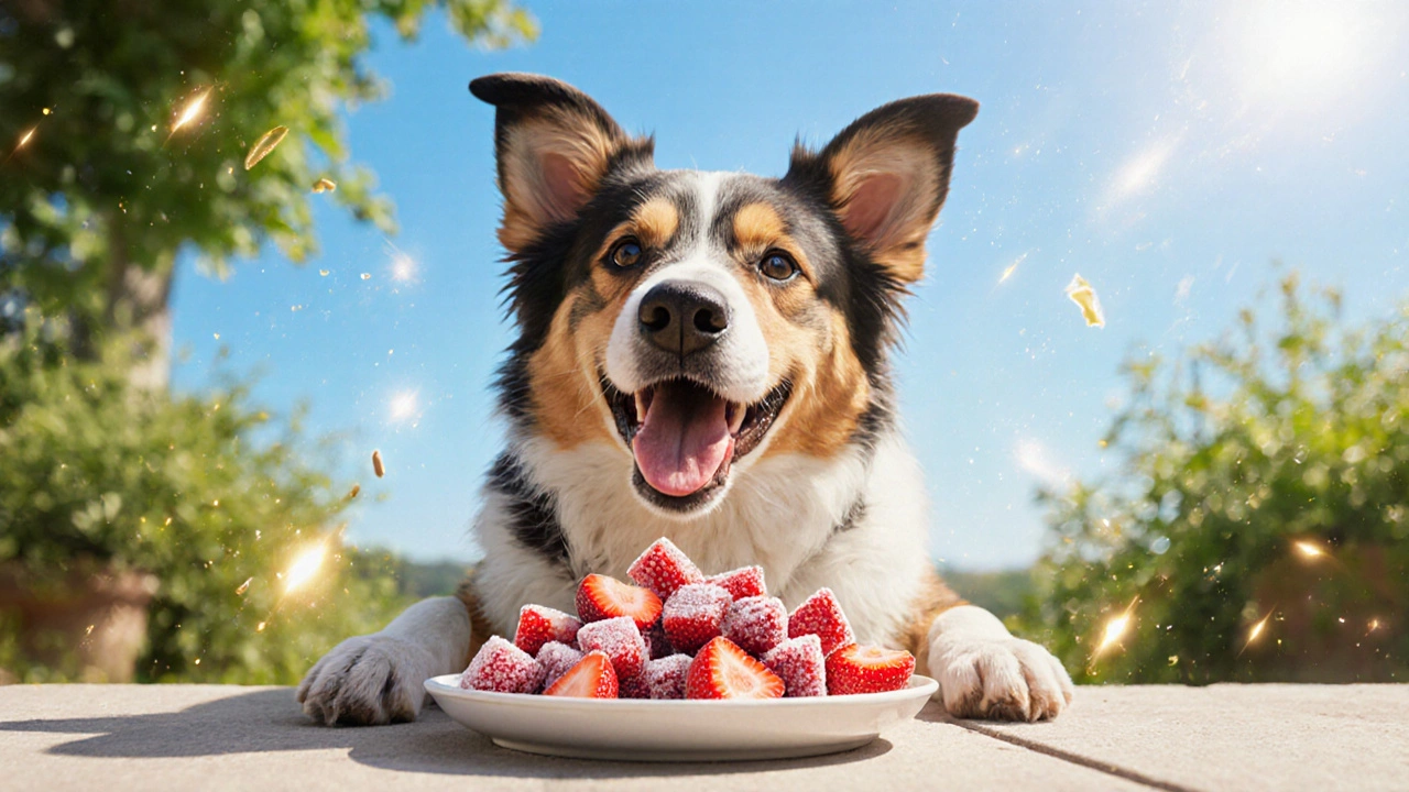A dog enjoys bite‑size strawberry pieces outdoors on a sunny day.