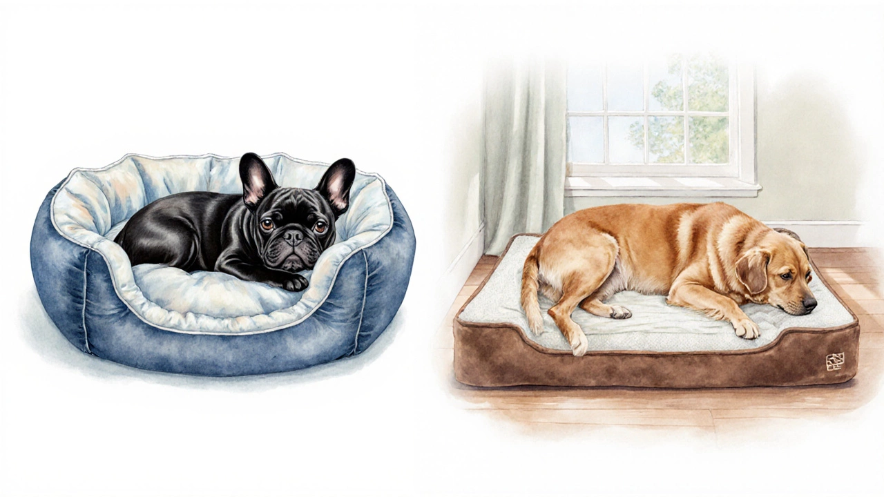 A French Bulldog curled in a round bed beside a Labrador stretched on a rectangular orthopaedic bed.