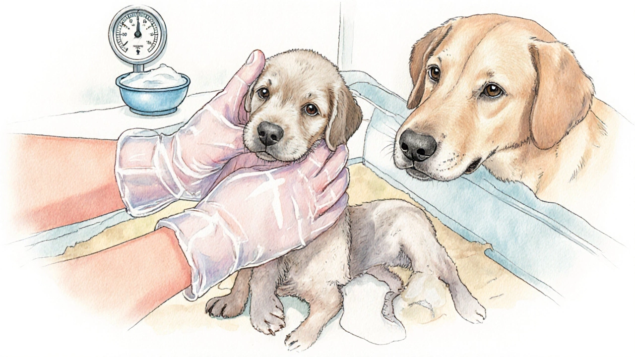 A person gently lifts a three‑day‑old puppy, supporting its chest and hindquarters, with clean hands.