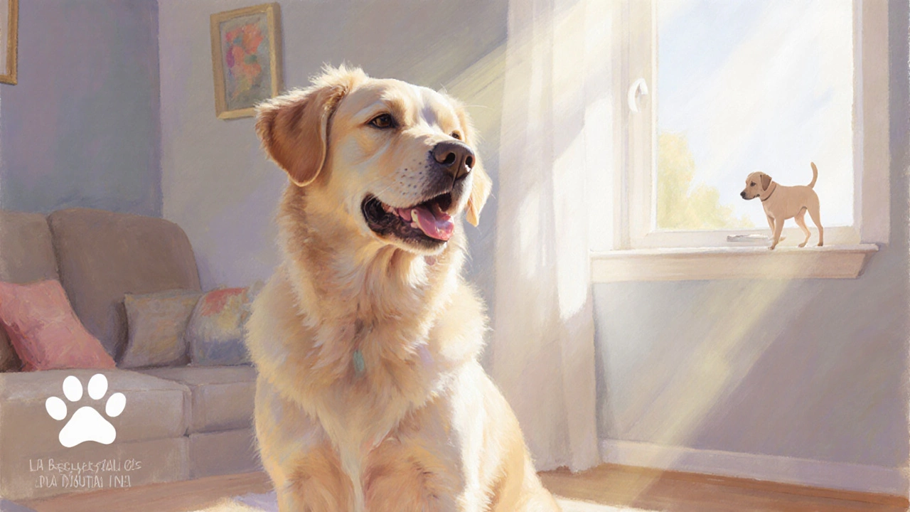 An adult dog sits confidently in a sunny living room, symbolising the benefits of gentle early handling.