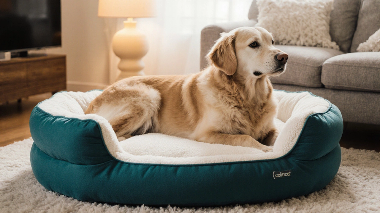An elderly golden retriever resting on a thick orthopedic foam round bed in a cozy corner.
