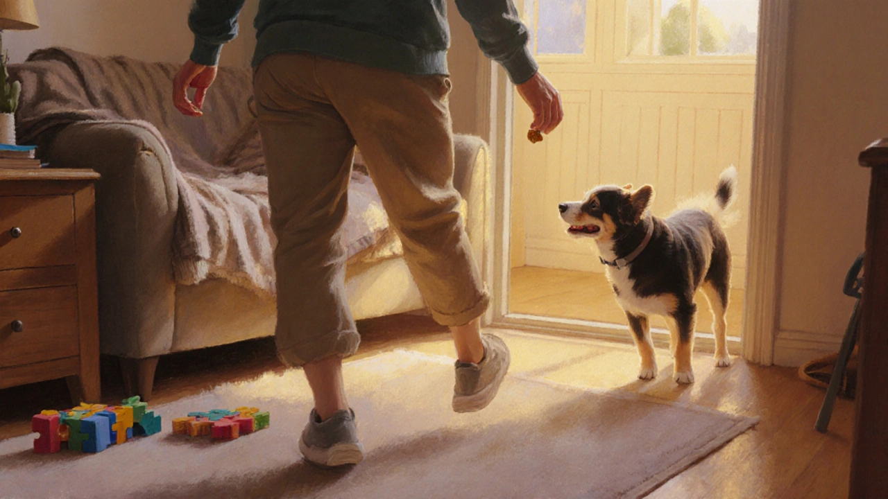 Calm reunion: owner offers treat as dog approaches home.