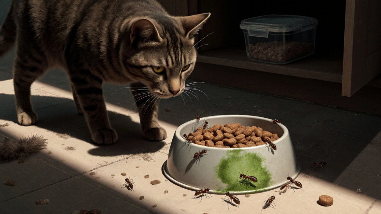 Cat hesitating at a bowl with ants and mold, food left out overnight.