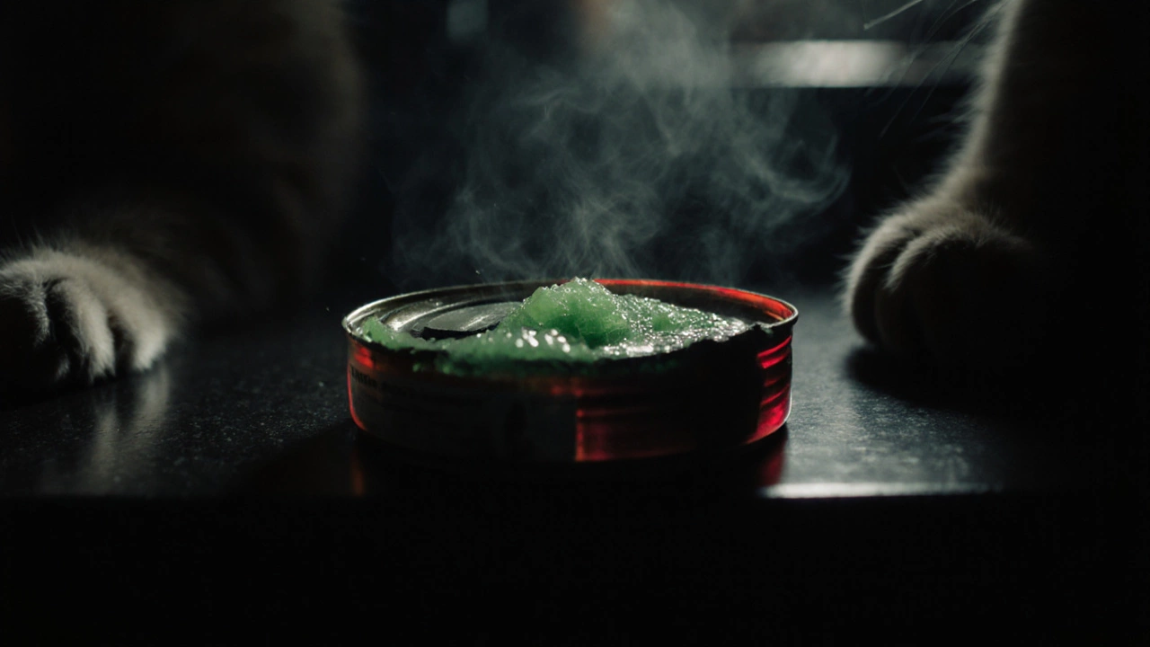 Close-up of a bulging, discolored wet cat food can showing slime and green tint.