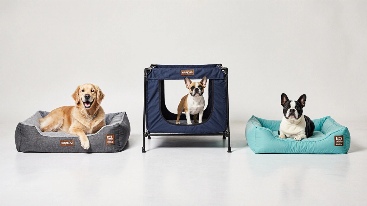 Display of three new dog beds with happy dogs testing each one.