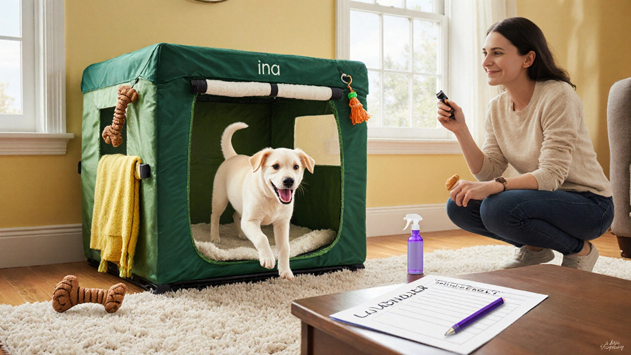 Energetic puppy leaves a cozy crate as owner offers a treat, bright sunlight fills room.