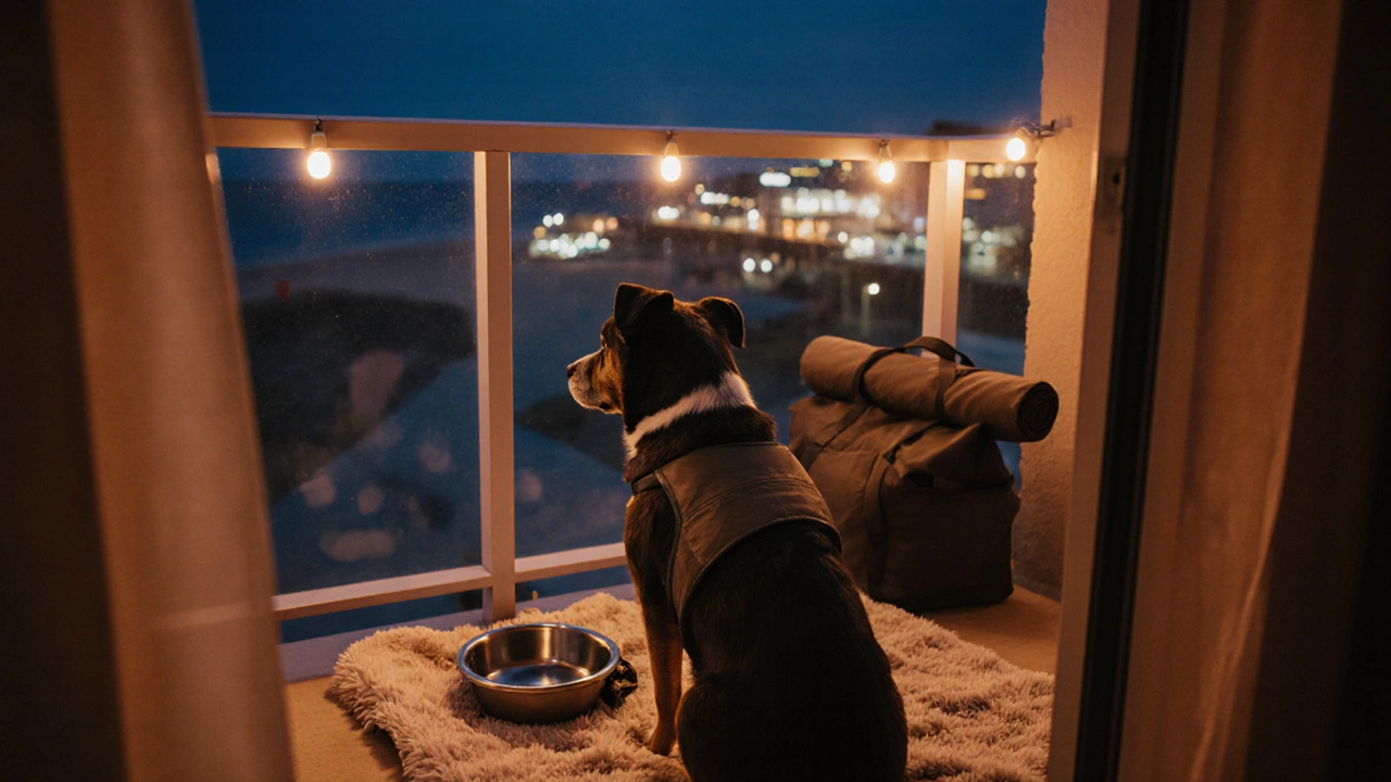 Evening hotel balcony with a dog in a cooling vest looking toward the lit boardwalk.