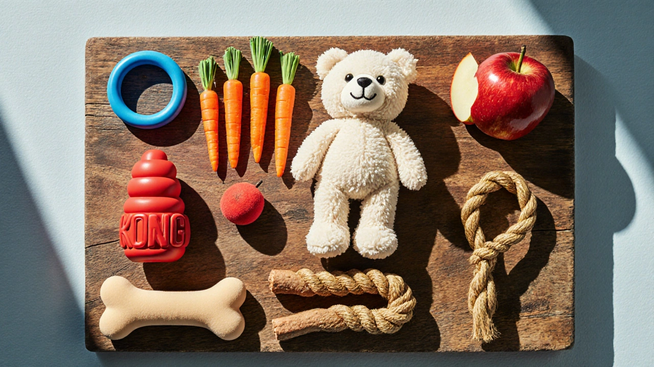 Flat‑lay of safe puppy chews: teething ring, KONG, frozen carrot, plush toy, nylon bone, bully stick, apple wedges, sweet‑potato rope.
