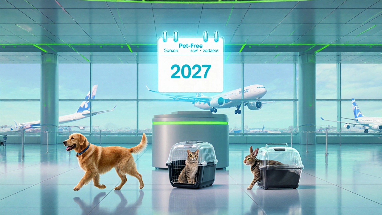 Futuristic airport with pets in modern carriers and a holographic free‑pet promotion.