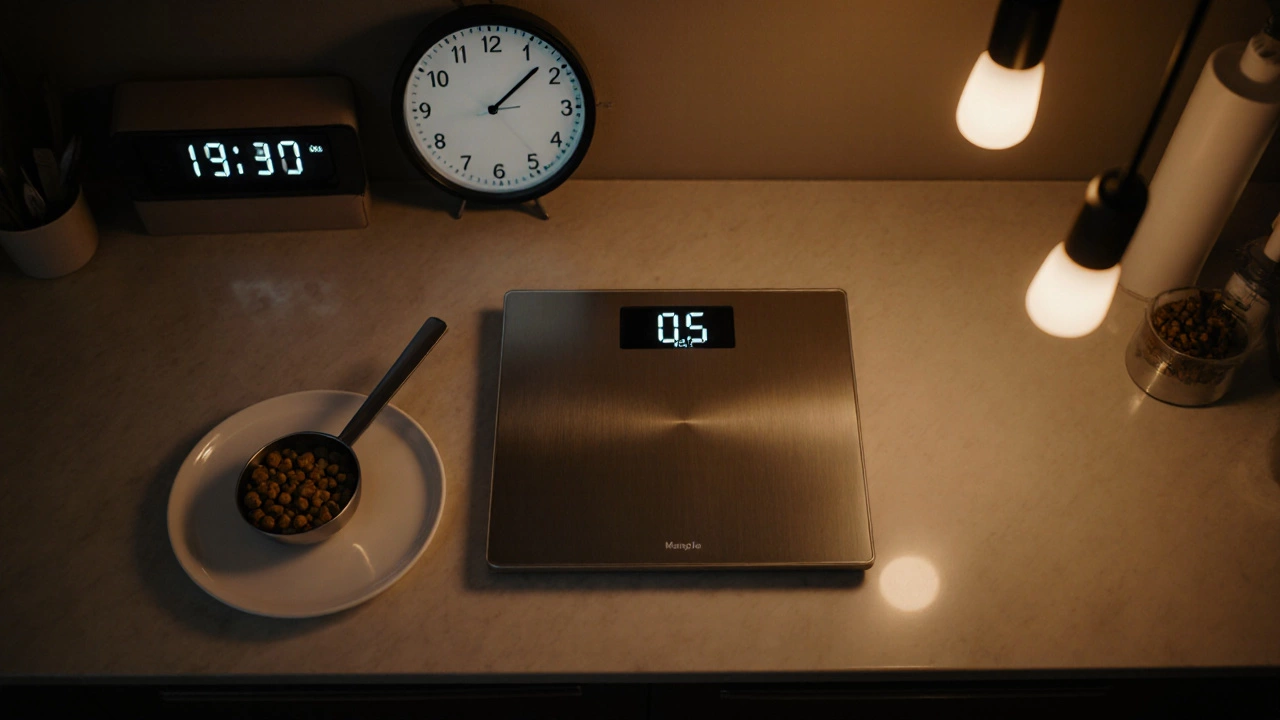 Hands measuring cat food on a scale with a clock indicating feeding time.