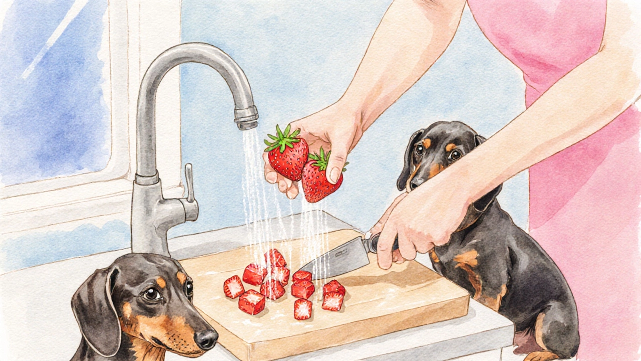 Hands wash and slice strawberries while a small dog watches.