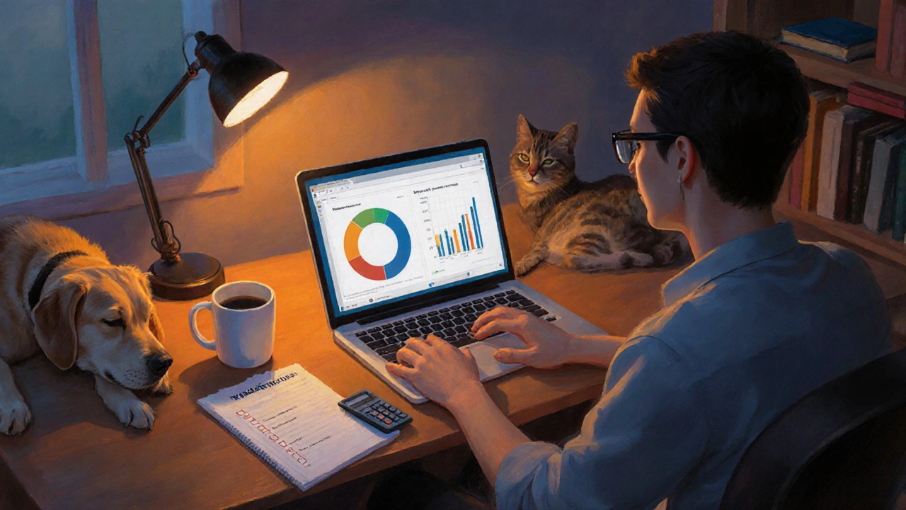 Home office at dusk with owner reviewing laptop, calculator, and sleeping pets, representing policy choice.