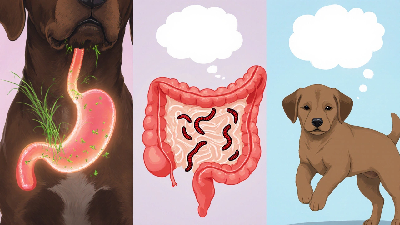 Illustrated panels showing fiber gap, parasites, and nutritional deficiency as reasons dogs eat grass.