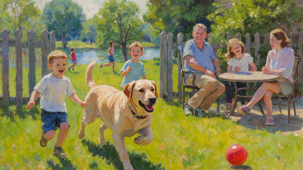 Labrador playing fetch with kids in a sunny backyard, showing family-friendly energy.
