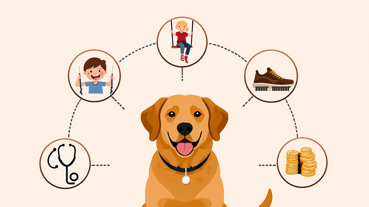 Labrador surrounded by icons for temperament, health, exercise, grooming, and cost.