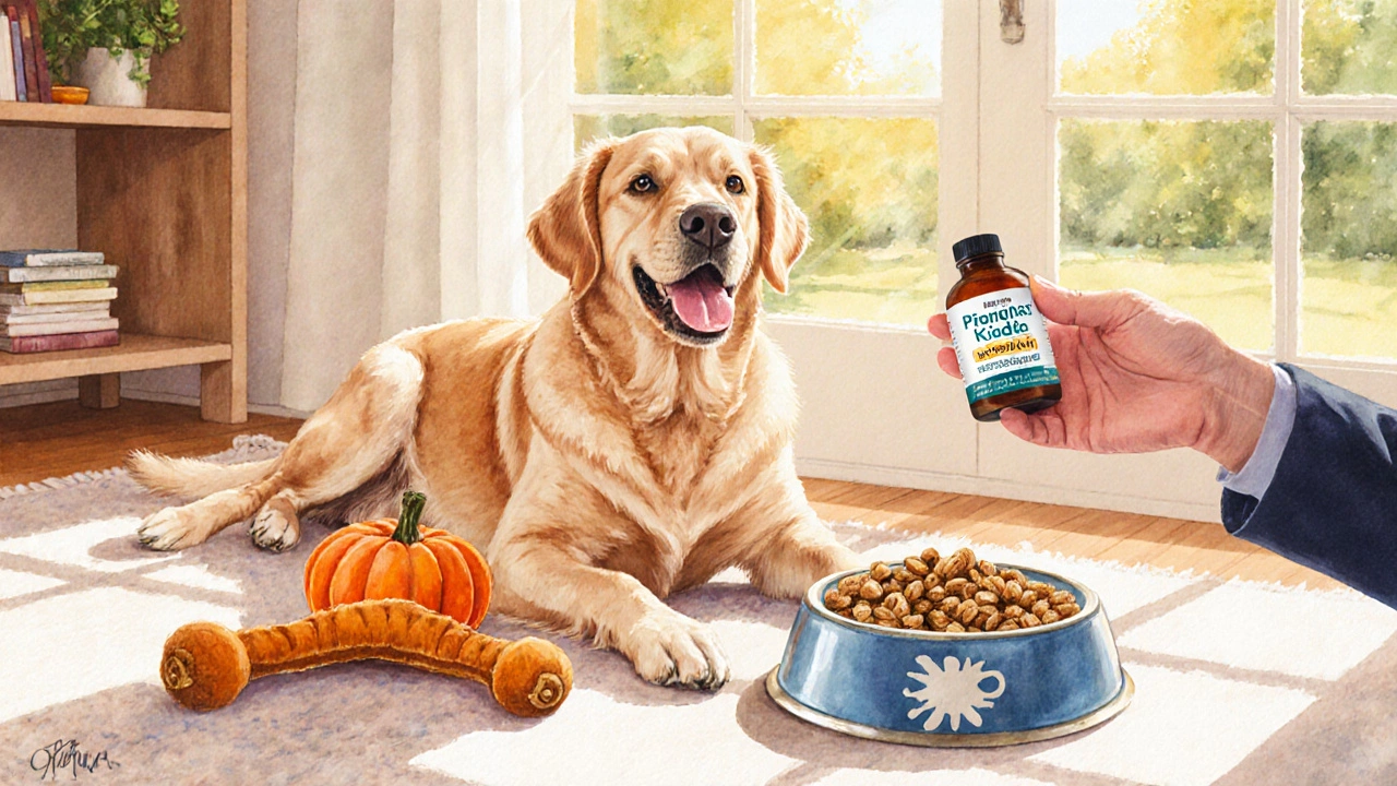 Labrador with kibble, pumpkin, chew toy, and probiotic supplement in a sunny, cozy home.