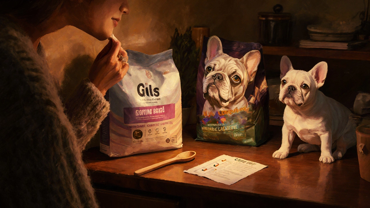 Owner choosing dog food in a warm kitchen with a senior dog and a puppy.