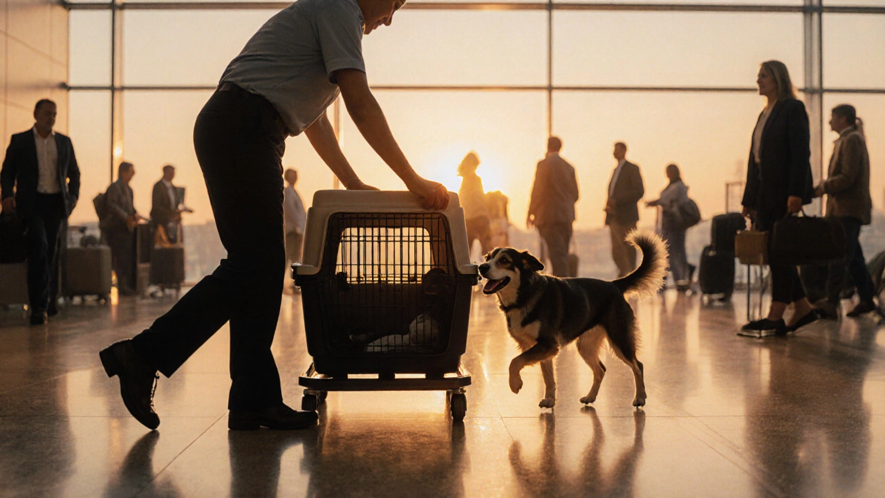 Owner retrieving a calm dog from the cargo crate after landing.
