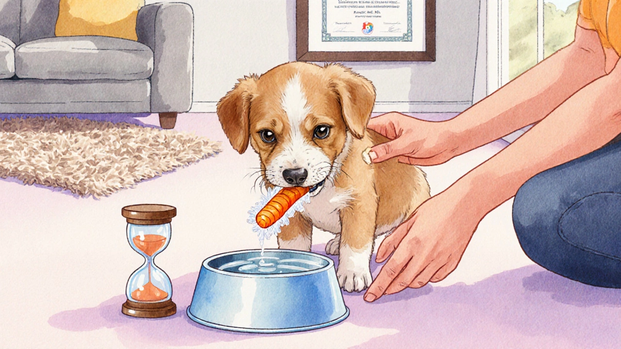 Owner supervising puppy chewing a frozen carrot, with water bowl and timer nearby.
