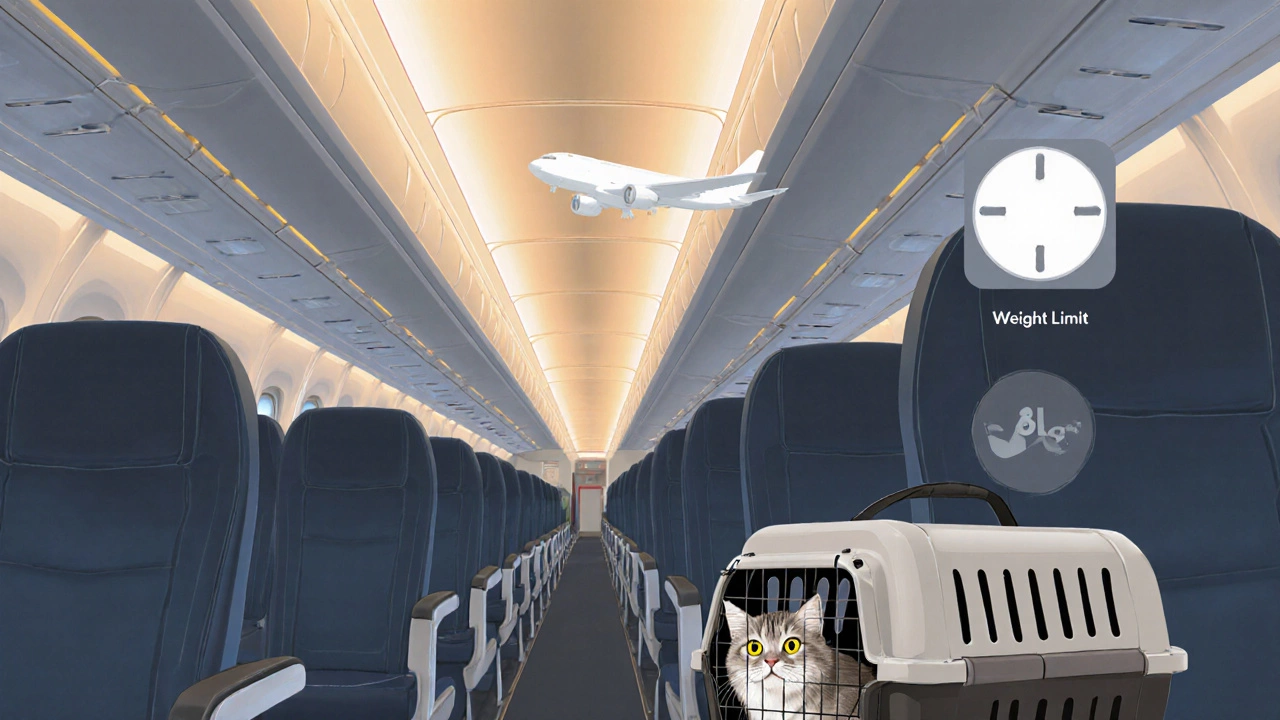 Passenger&#039;s pet carrier under an airplane seat with a cat visible.