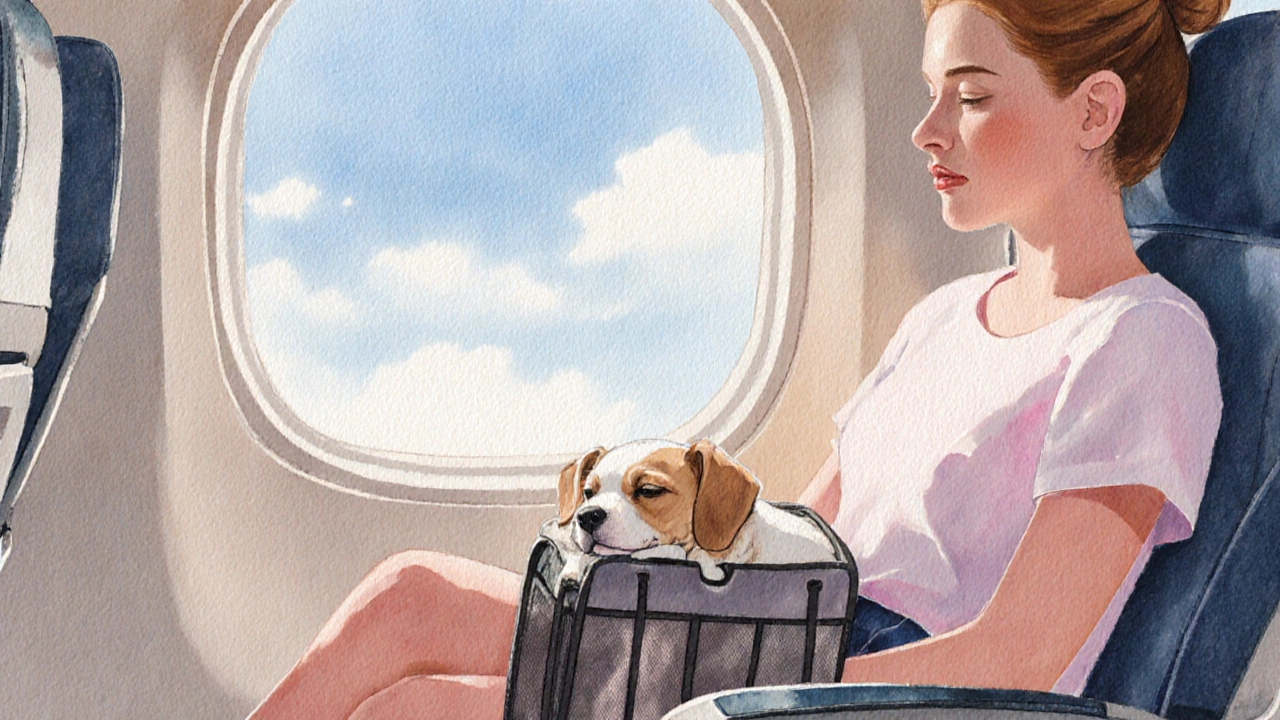 Passenger with a tiny dog in a carrier on their lap, looking out a plane window.