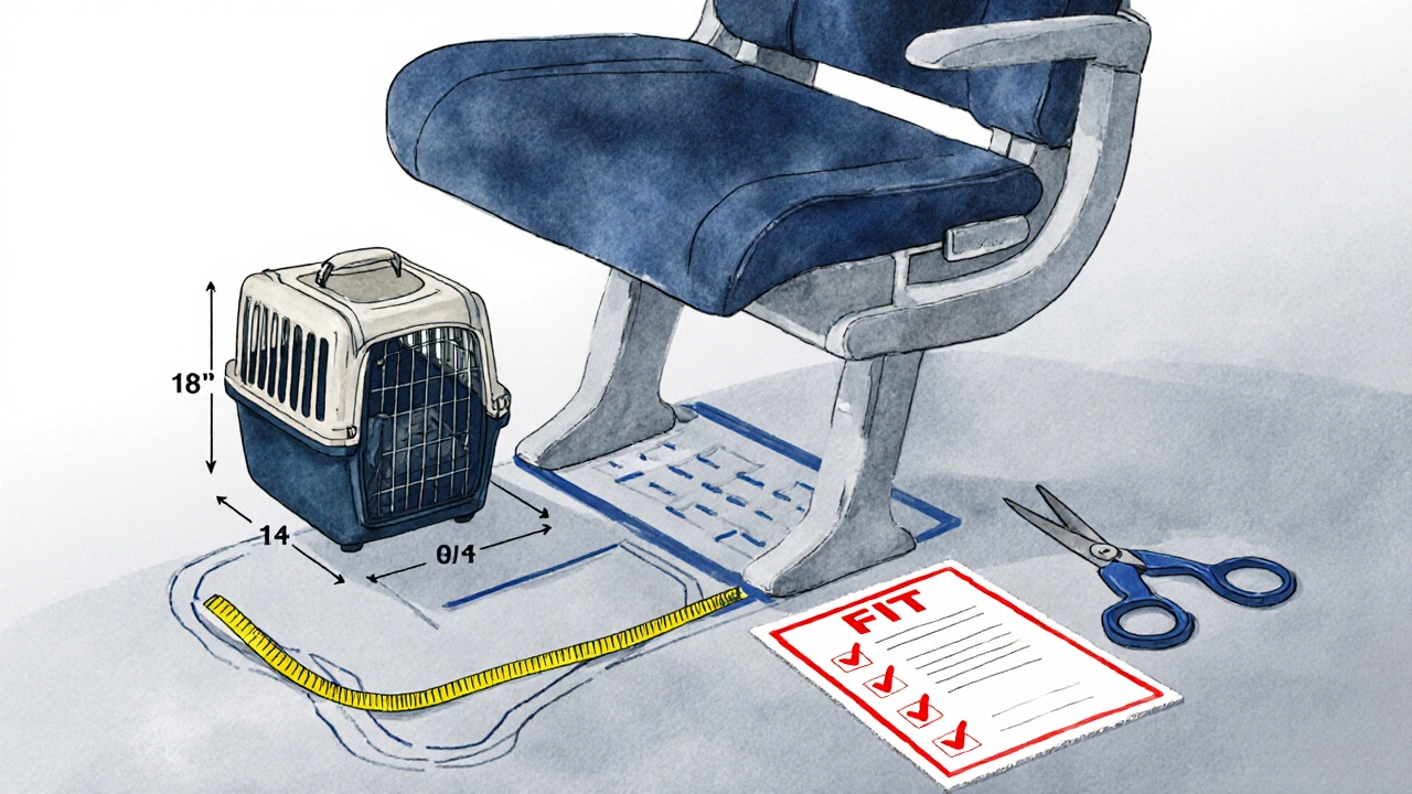 Pet carrier with exact airline dimensions beside a schematic of under-seat space, with tools and checklist nearby.