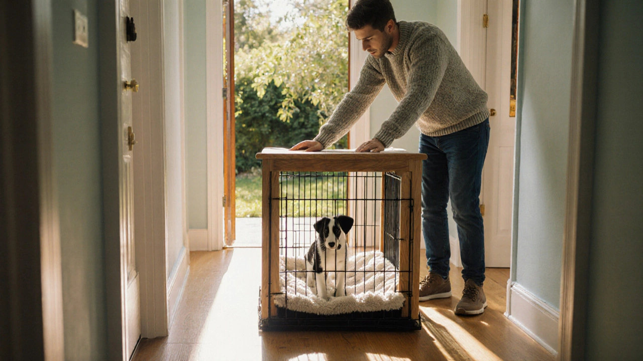 Puppy inside an open crate as an adult guides it toward a sunny garden door.