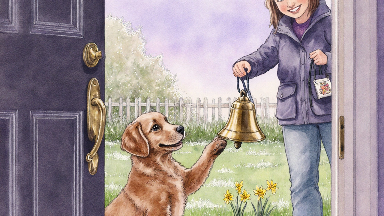 Puppy rings a doorbell while the owner prepares to go outside in a garden.