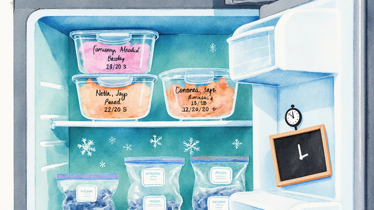 Refrigerator interior with airtight containers, labeled dates, and frozen cat food portions.