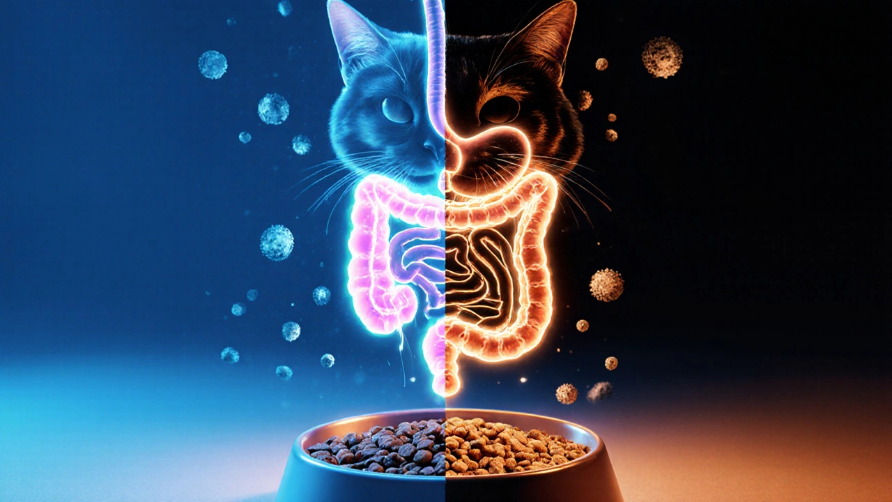 Split illustration of healthy vs. corrupted cat digestion from spoiled food.
