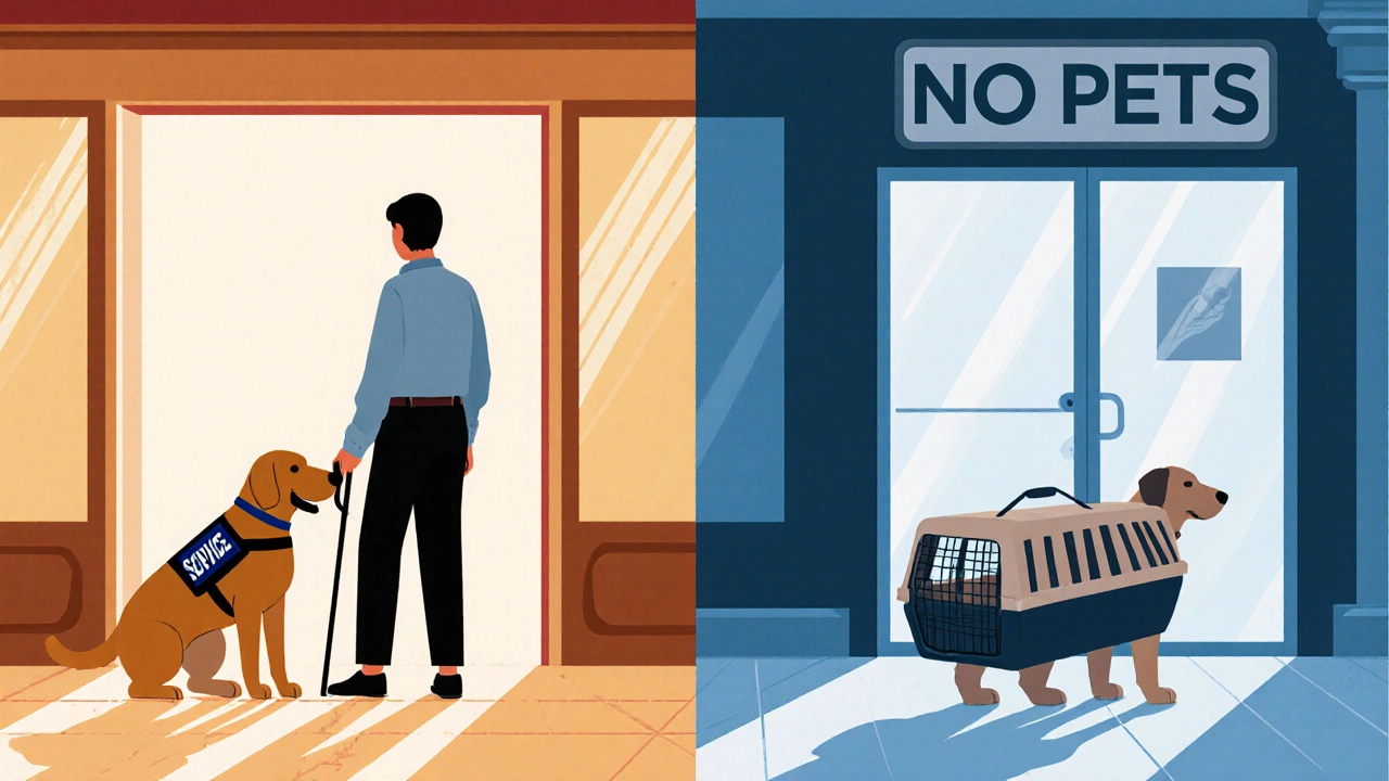 Split image showing a service dog entering a store versus a dog in a carrier being denied entry.