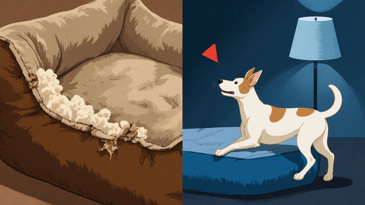 Split view: worn dog bed details beside a restless dog turning away.