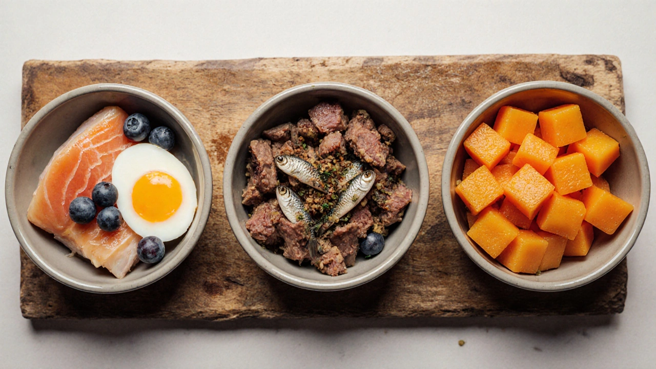 Three bowls showing different meat and vegetable dog‑food ingredients.