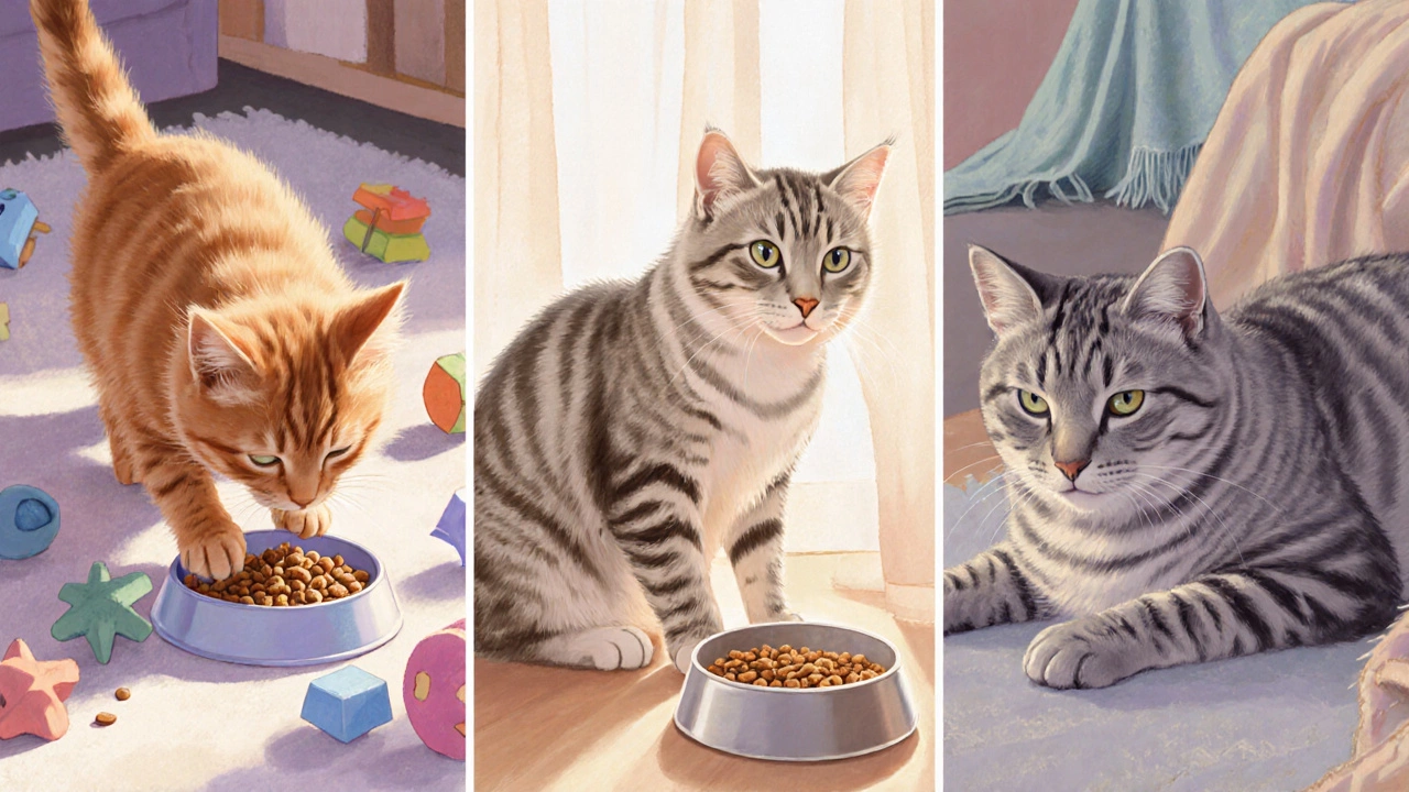 Three cats of different ages each with a bowl showing varied food portions.