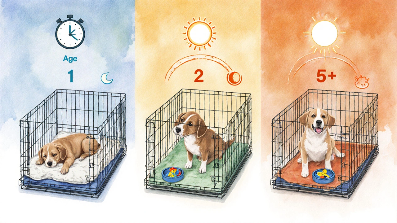Three crates side by side showing puppies of different ages with visual time cues.