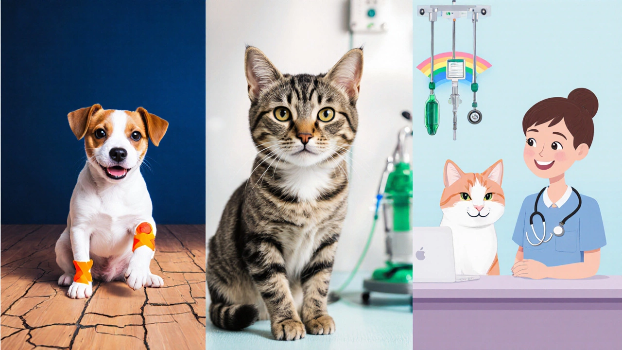 Three‑panel illustration: dog with bandage, cat receiving IV, both with vet for comprehensive care.