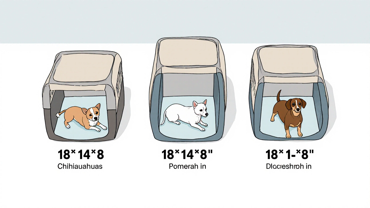Three pet carriers side by side showing small breeds inside, illustrating size limits.