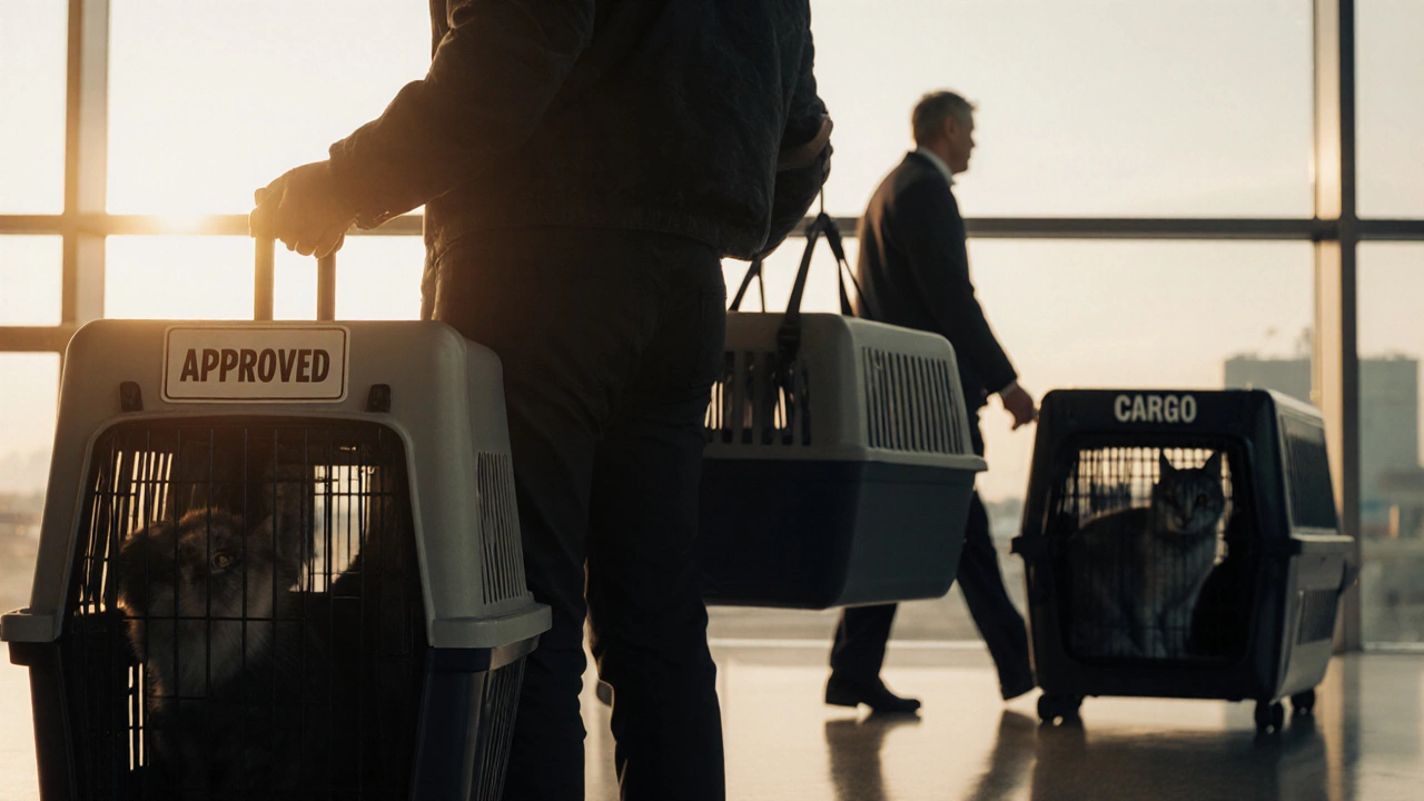 Traveler holding two pet carriers — one rejected, one approved — with cargo crate in background.