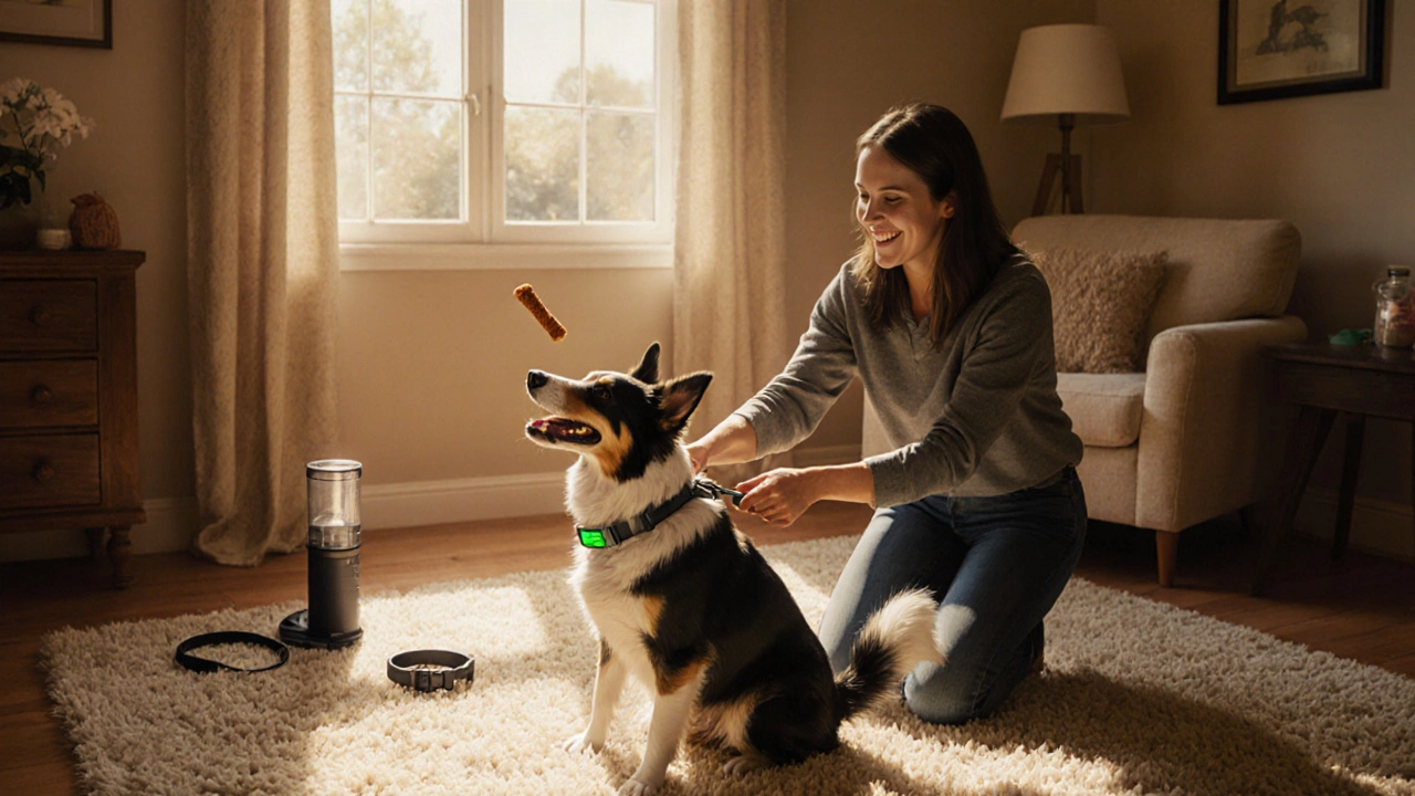 Warm digital painting of owner fitting a vibration collar on a happy dog, with treats.