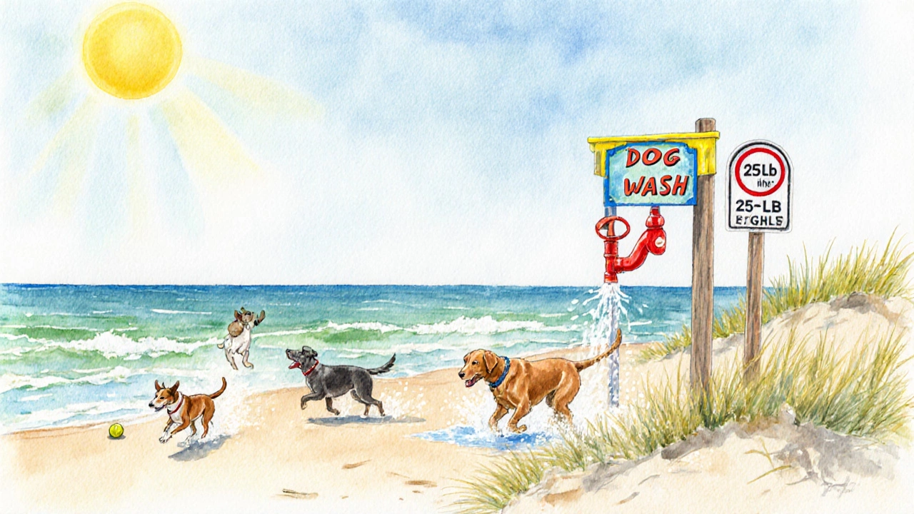 Watercolor dog beach showing dogs playing, a wash station, and a weight limit sign.
