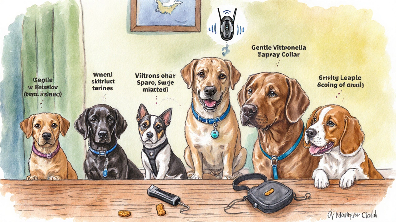 Watercolor of trainer showing vibration, citronella, ultrasonic, head halter, gentle leader, and clicker tools.