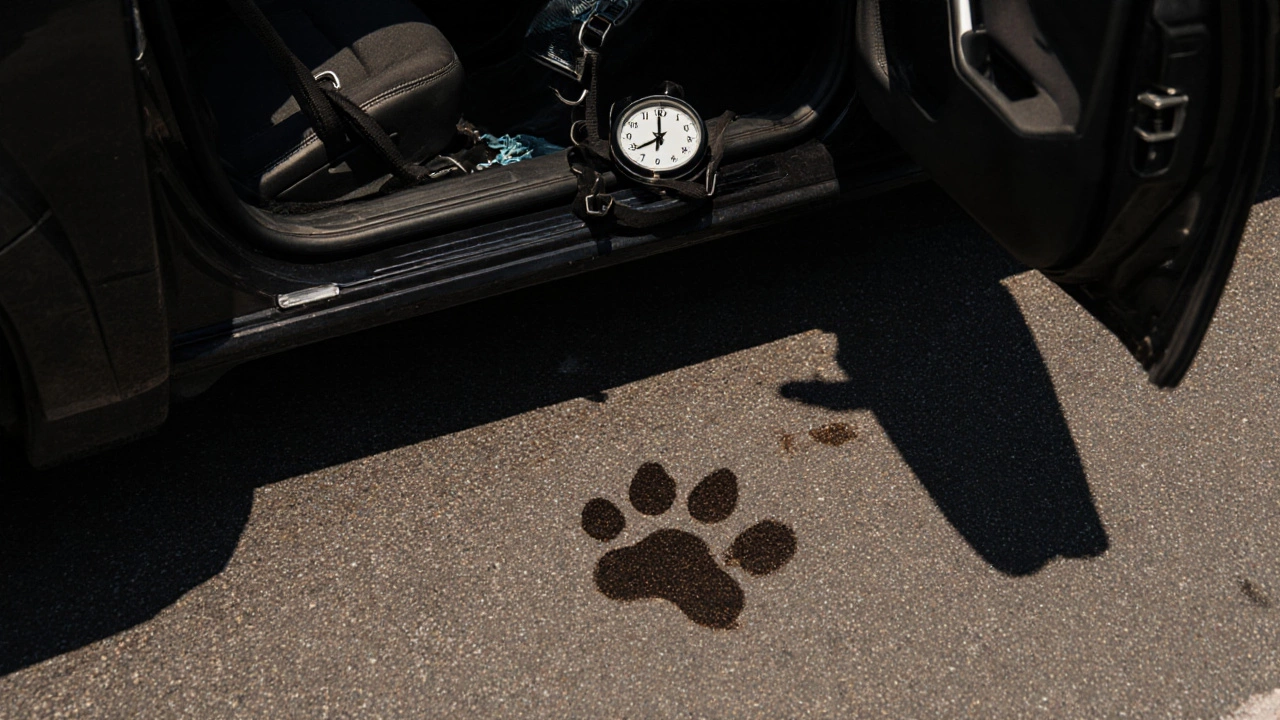 A dog’s paw print on hot pavement next to a parked car with an open window.