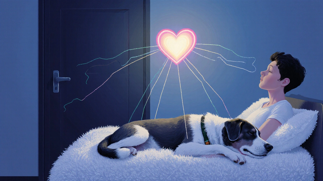 A dog sleeps next to its owner with emotional connections to a heart above the door.