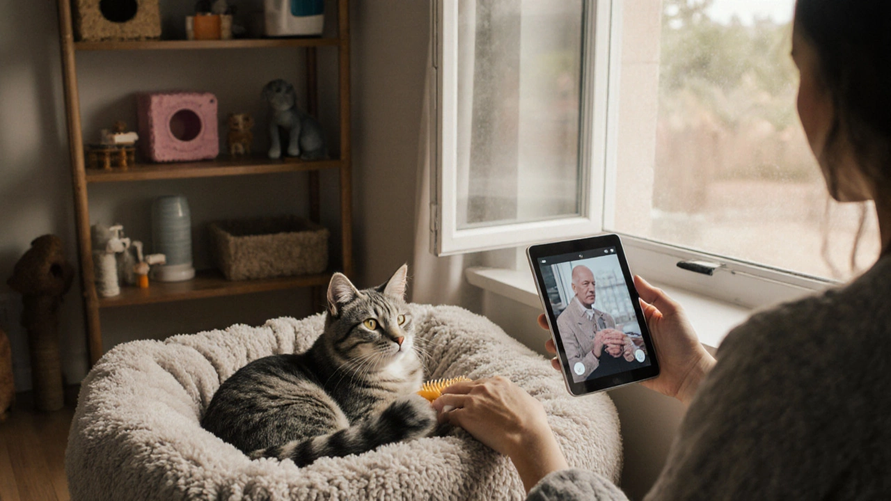A senior cat resting peacefully as a pet sitter brushes it, with a video call tablet visible in the warm, quiet home.
