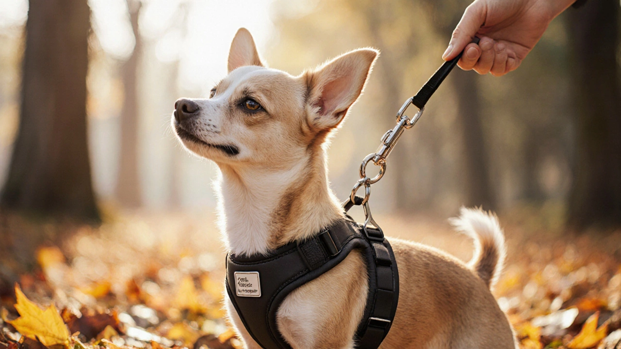 A senior Chihuahua in a padded harness, being gently guided, no pressure on the neck.