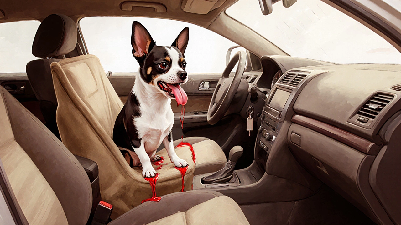 A small dog panting heavily in a car seat, showing signs of heat stress.
