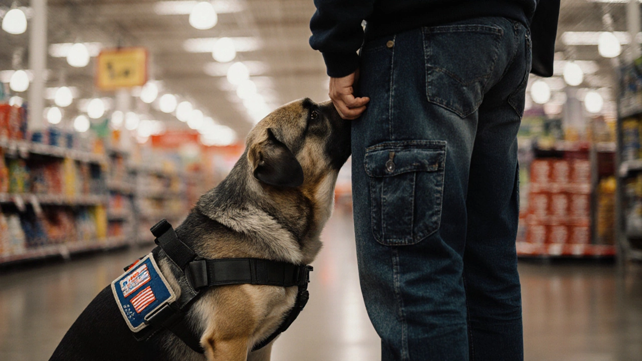A veteran with a service dog at Costco entrance, the dog providing calming pressure during anxiety, natural store lighting.