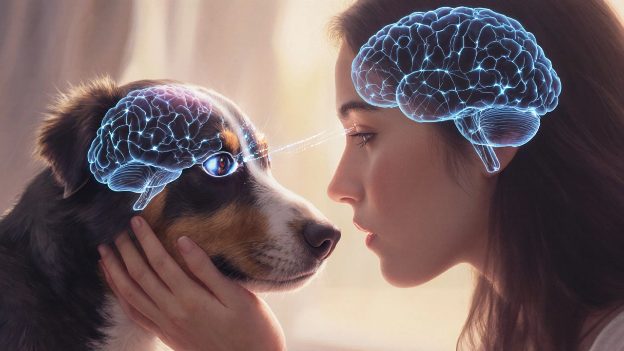 Dog and human gazing into each other&#039;s eyes with glowing neural connections between them.