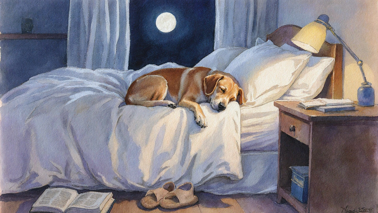 Dog sleeping peacefully on a bed beside a pillow, moonlight softly illuminating the scene.
