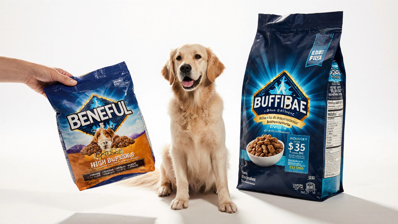 Hand placing cheap and premium dog food bags beside a hopeful dog, highlighting nutritional choice.